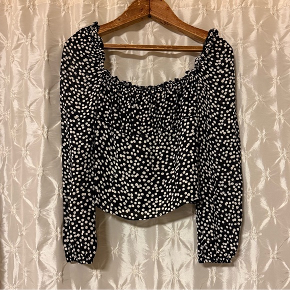 Reformation Bacio Top Pearls Black White Polka Dot Blouse Smocked Ruffle Back - Picture 4 of 13